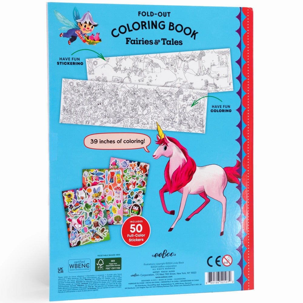 eeBoo Fairies & Tales Fold-Out Coloring Book with Stickers - Ages 3 