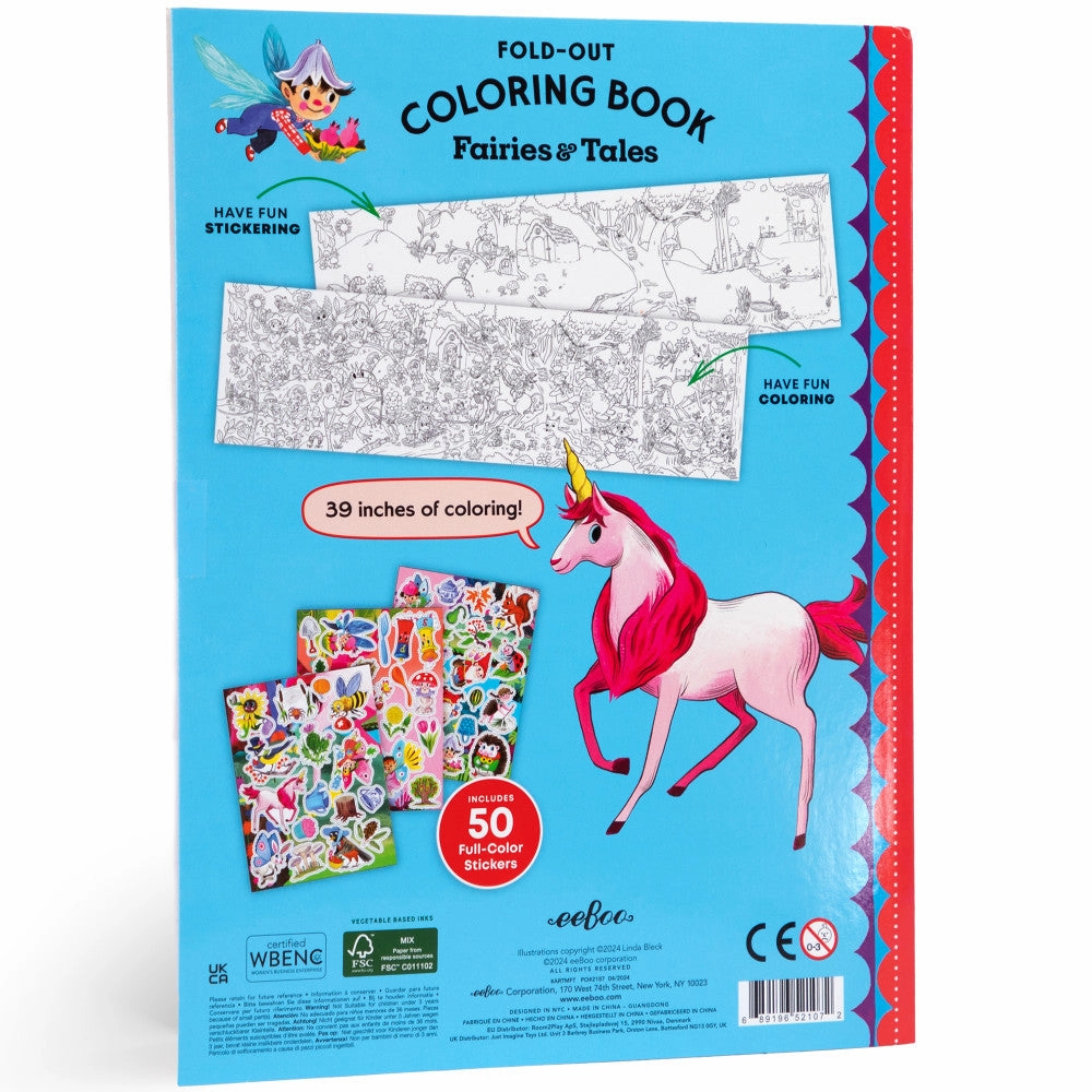 eeBoo Fairies & Tales Fold-Out Coloring Book with Stickers - Ages 3 