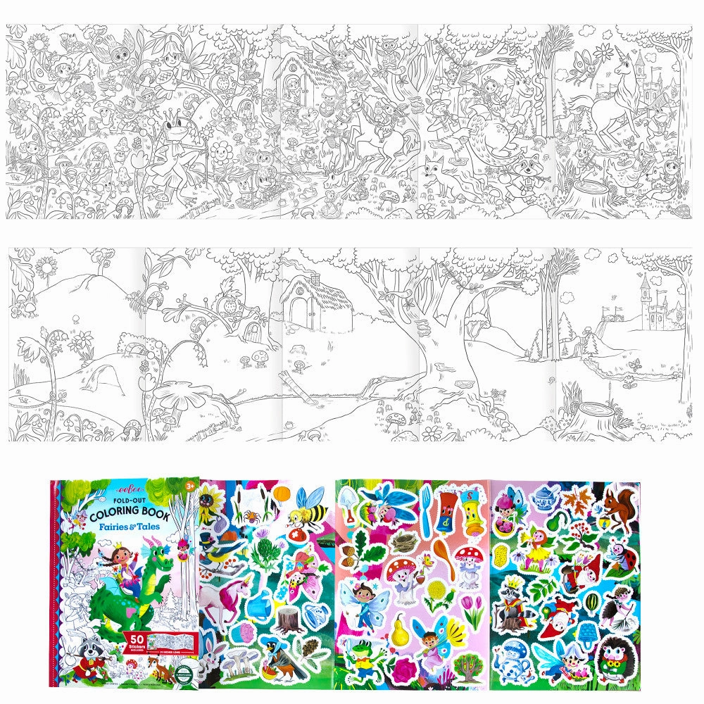 eeBoo Fairies & Tales Fold-Out Coloring Book with Stickers - Ages 3 
