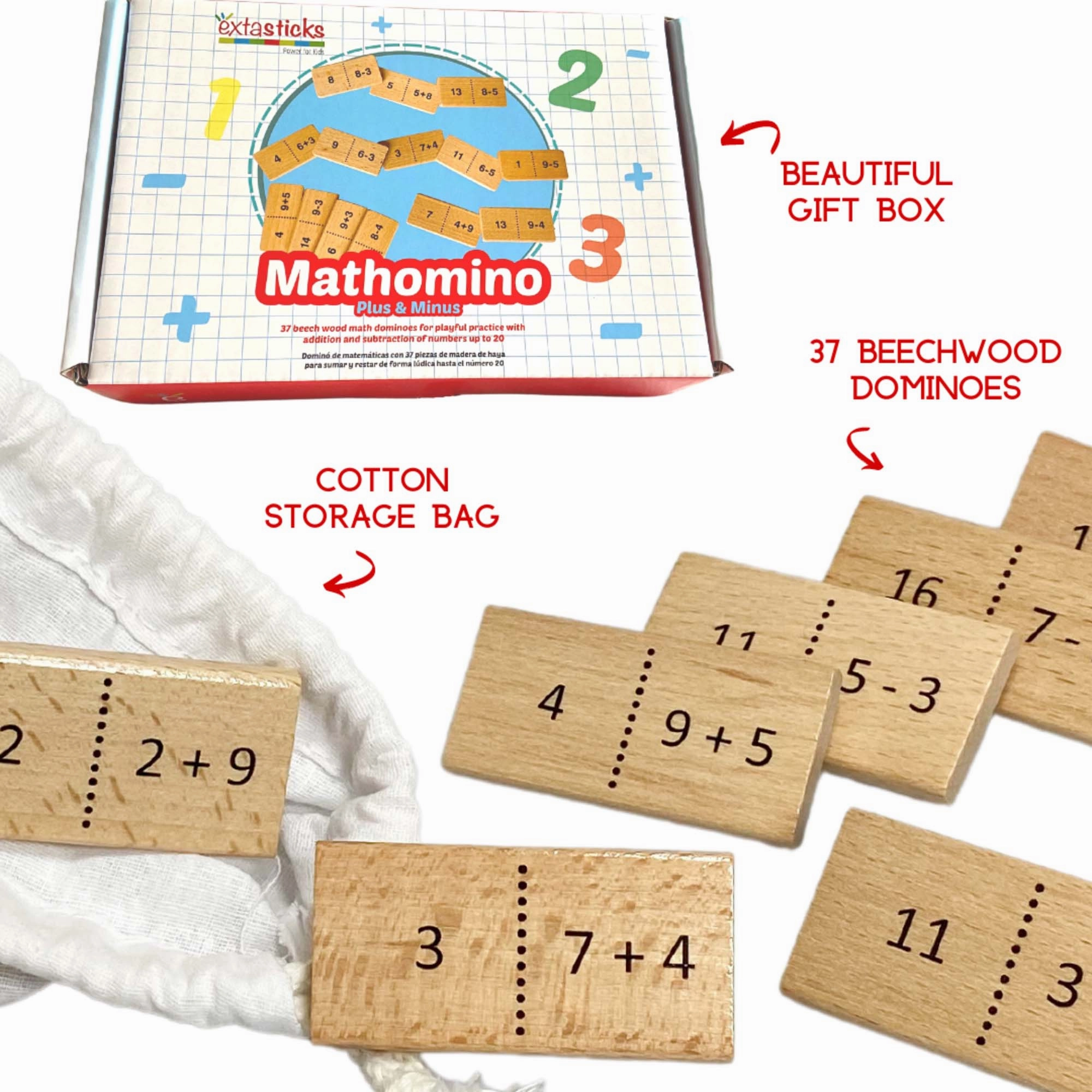 Extasticks Mathomino Plus & Minus Wooden Math Domino Game