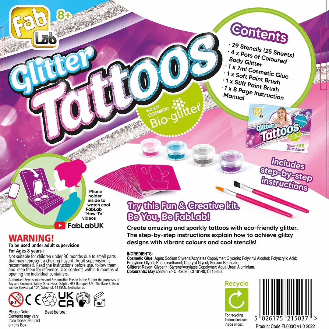 Fab Lab Glitter Tattoos 28 Stencils & Eco-Friendly Glitter for Ages 8 
