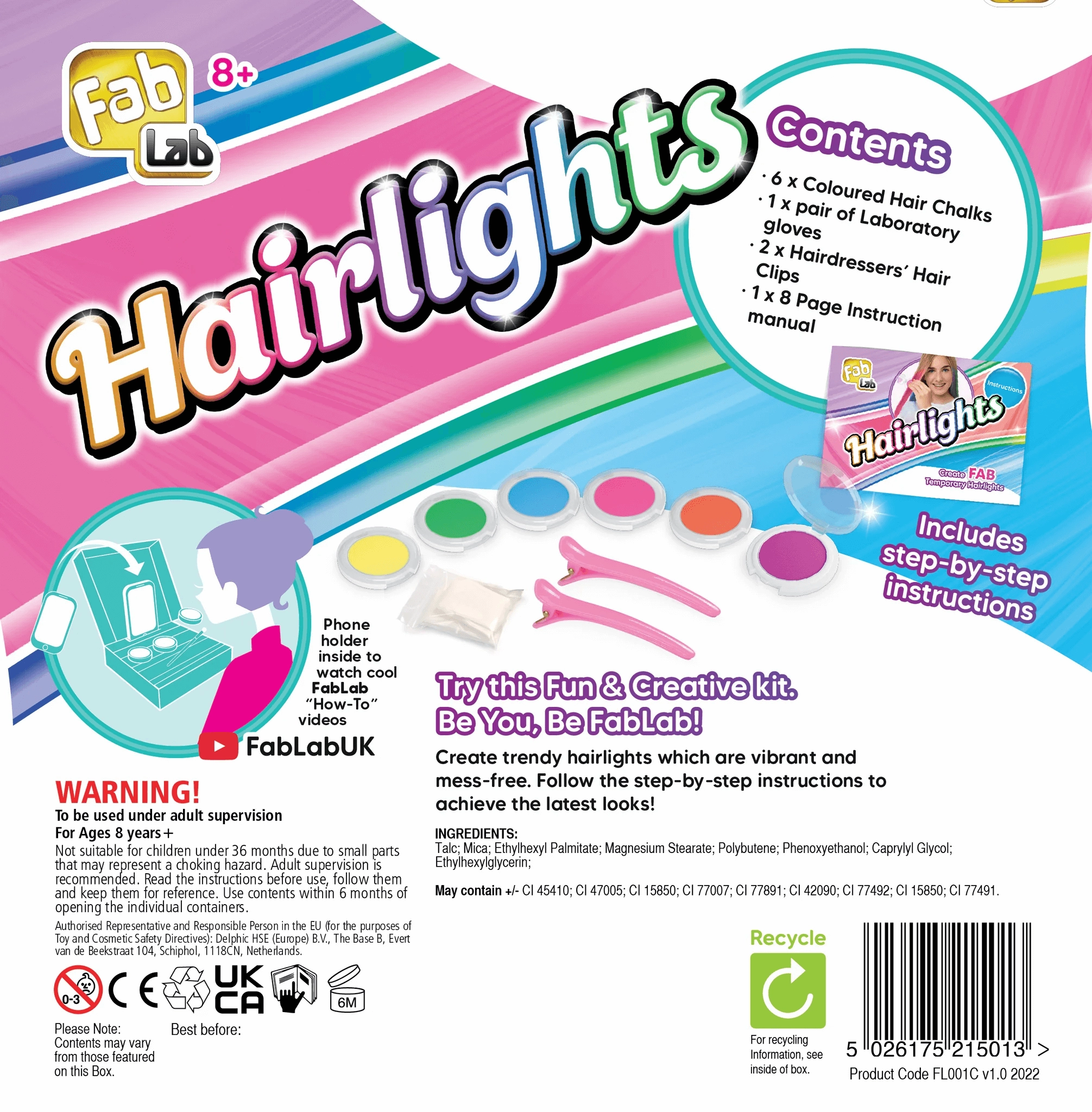 Fab Lab Hairlights with 6 Temporary Coloured Hair Chalks for Ages 8 
