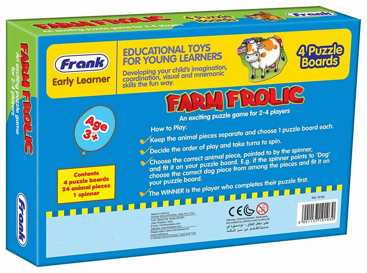 Frank Farm Frolic 4 Puzzle Boards, 24 Animal Pieces, 1 Spinner Board, Early Learner Educational Puzzle Set