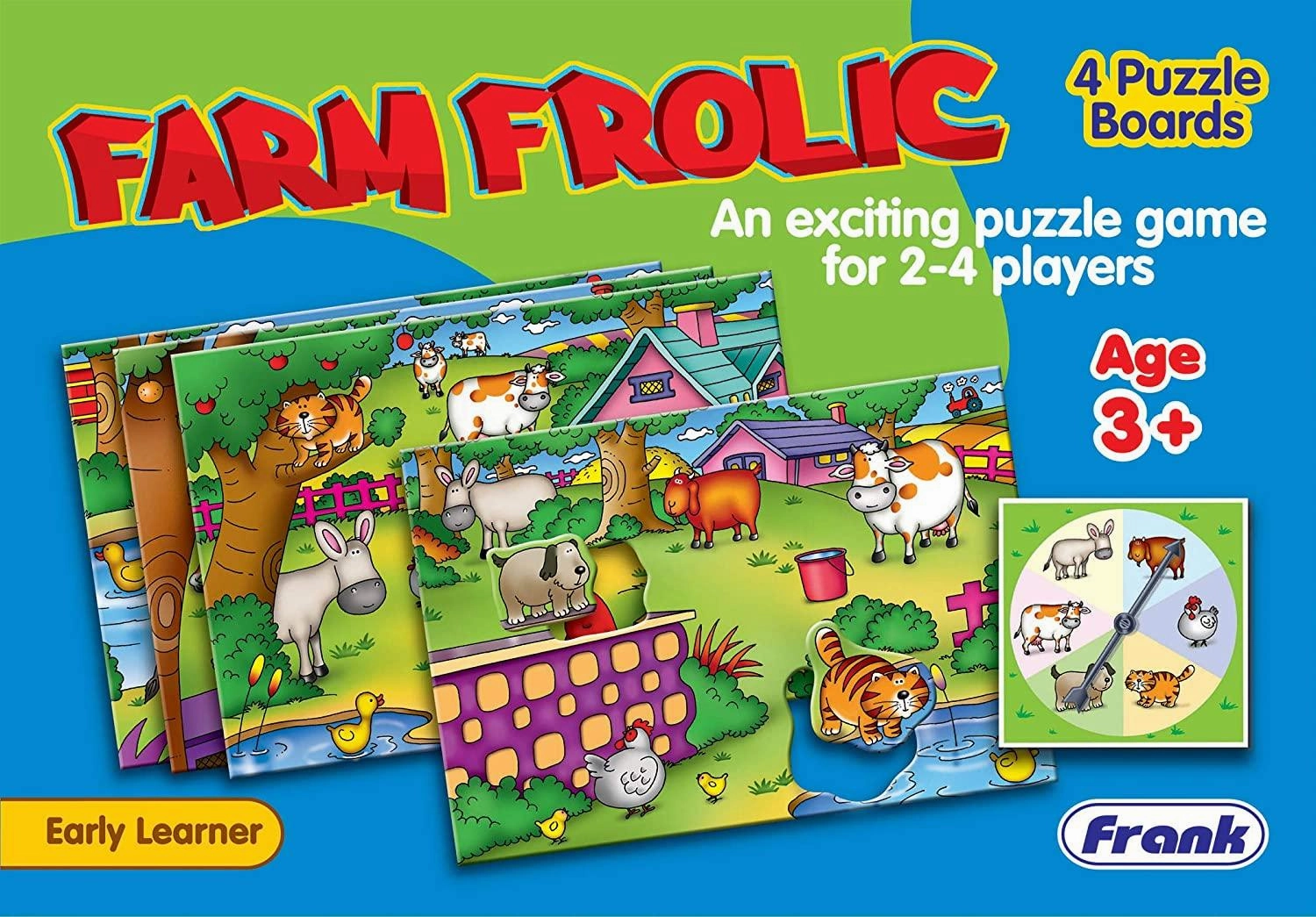 Frank Farm Frolic 4 Puzzle Boards, 24 Animal Pieces, 1 Spinner Board, Early Learner Educational Puzzle Set