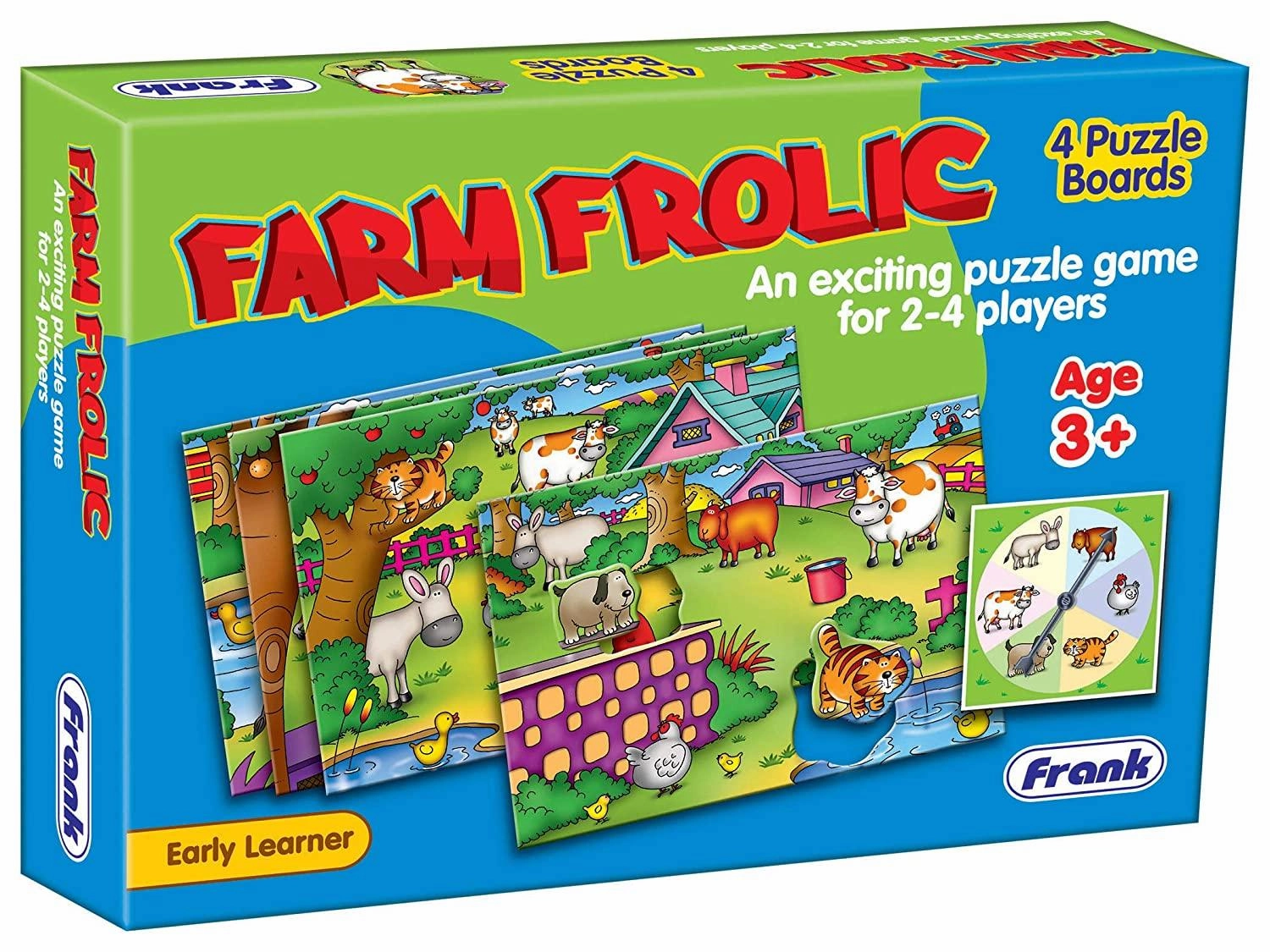 Frank Farm Frolic 4 Puzzle Boards, 24 Animal Pieces, 1 Spinner Board, Early Learner Educational Puzzle Set