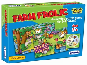 Frank Farm Frolic 4 Puzzle Boards, 24 Animal Pieces, 1 Spinner Board, Early Learner Educational Puzzle Set