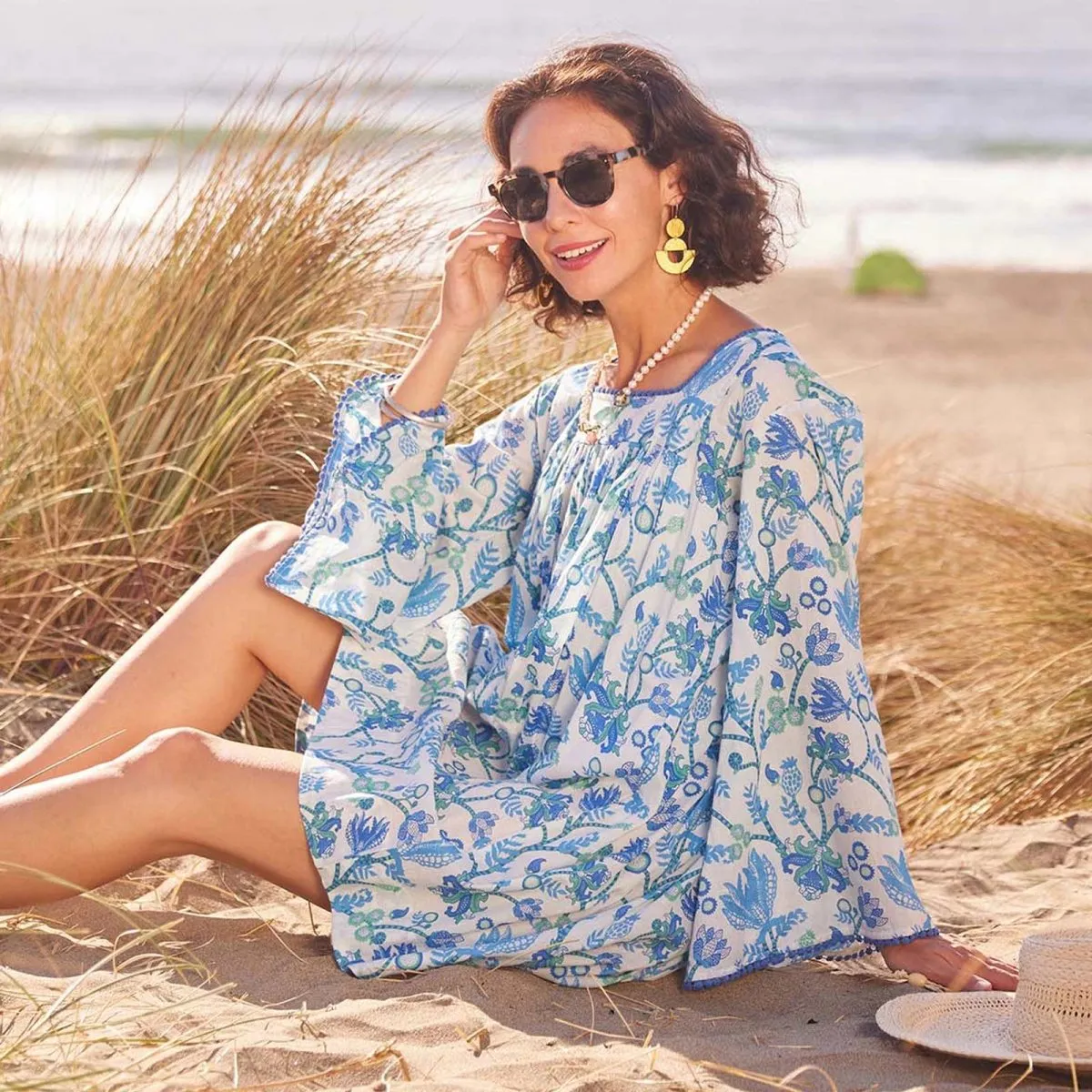 Gemma Ocean Cotton Beach Dress with Bell Sleeve