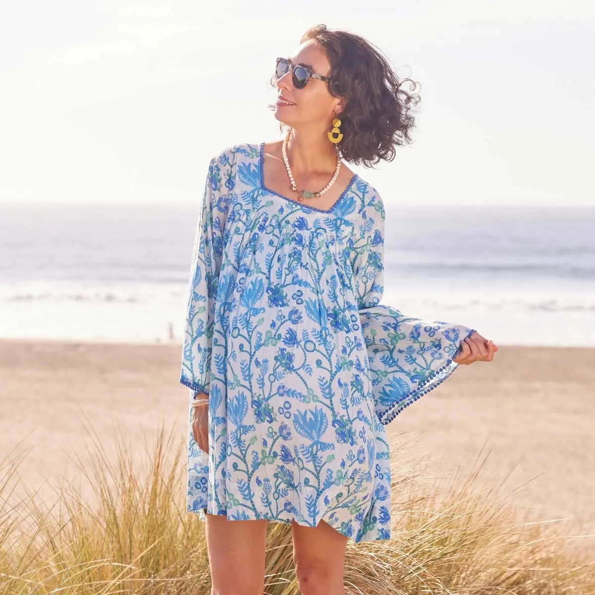 Gemma Ocean Cotton Beach Dress with Bell Sleeve