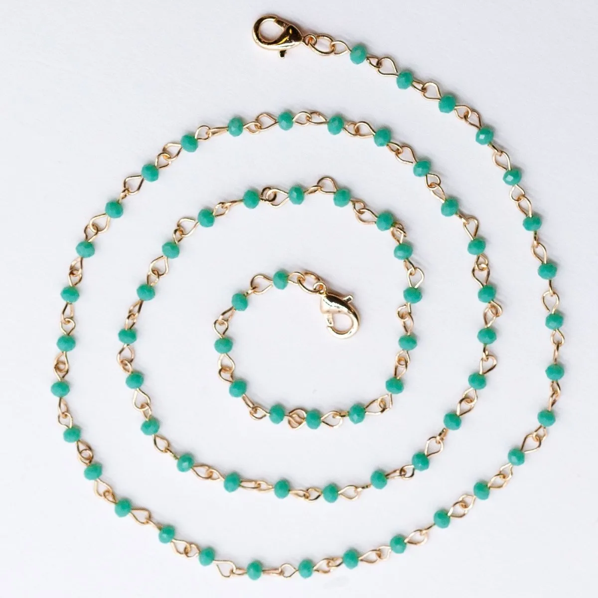 Gold Chain Lanyard Necklace with Light Blue Beads