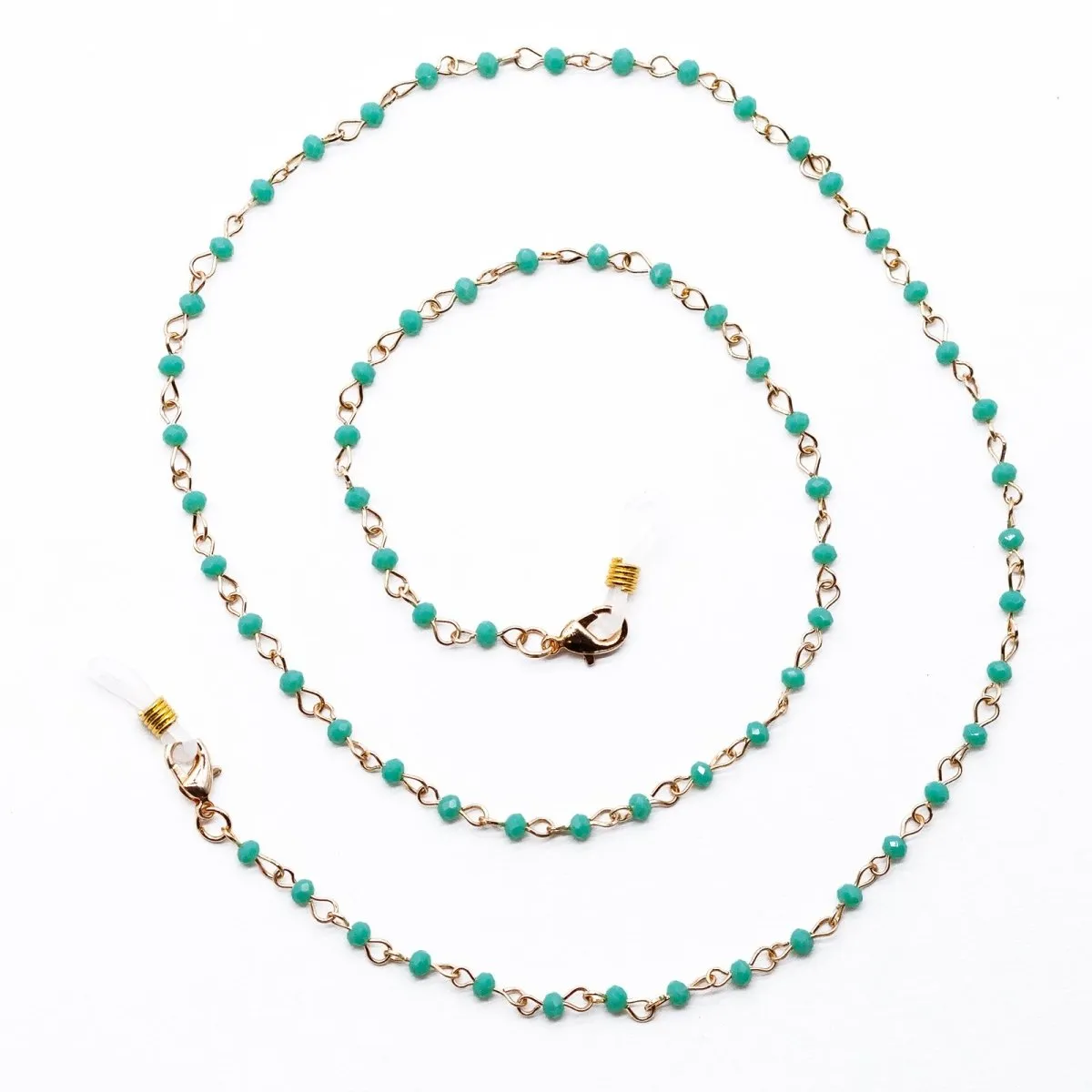 Gold Chain Lanyard Necklace with Light Blue Beads