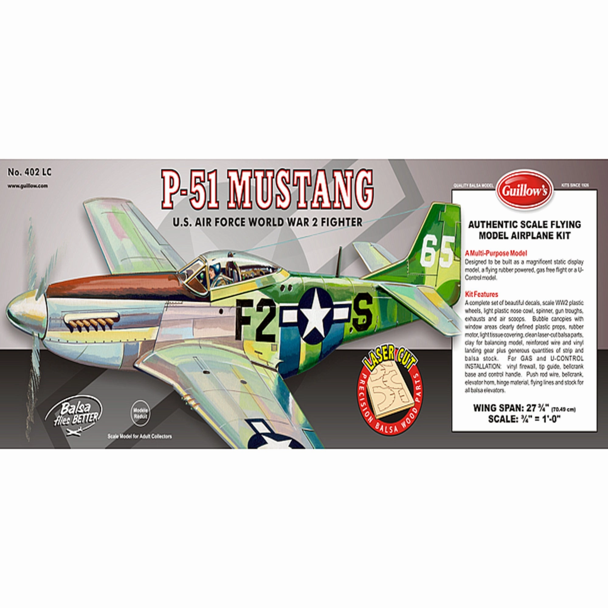 Guillow's P51 Mustang 1/16 Scale Balsa Model Airplane Kit