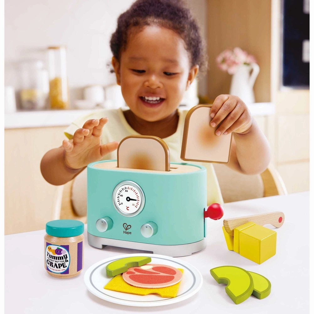 Hape 15pc Ding & Pop-Up Toaster - Teal Wooden Food Playset