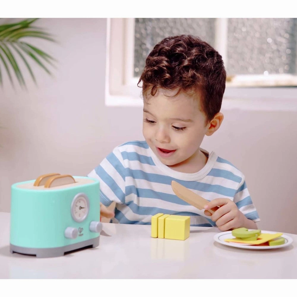 Hape 15pc Ding & Pop-Up Toaster - Teal Wooden Food Playset