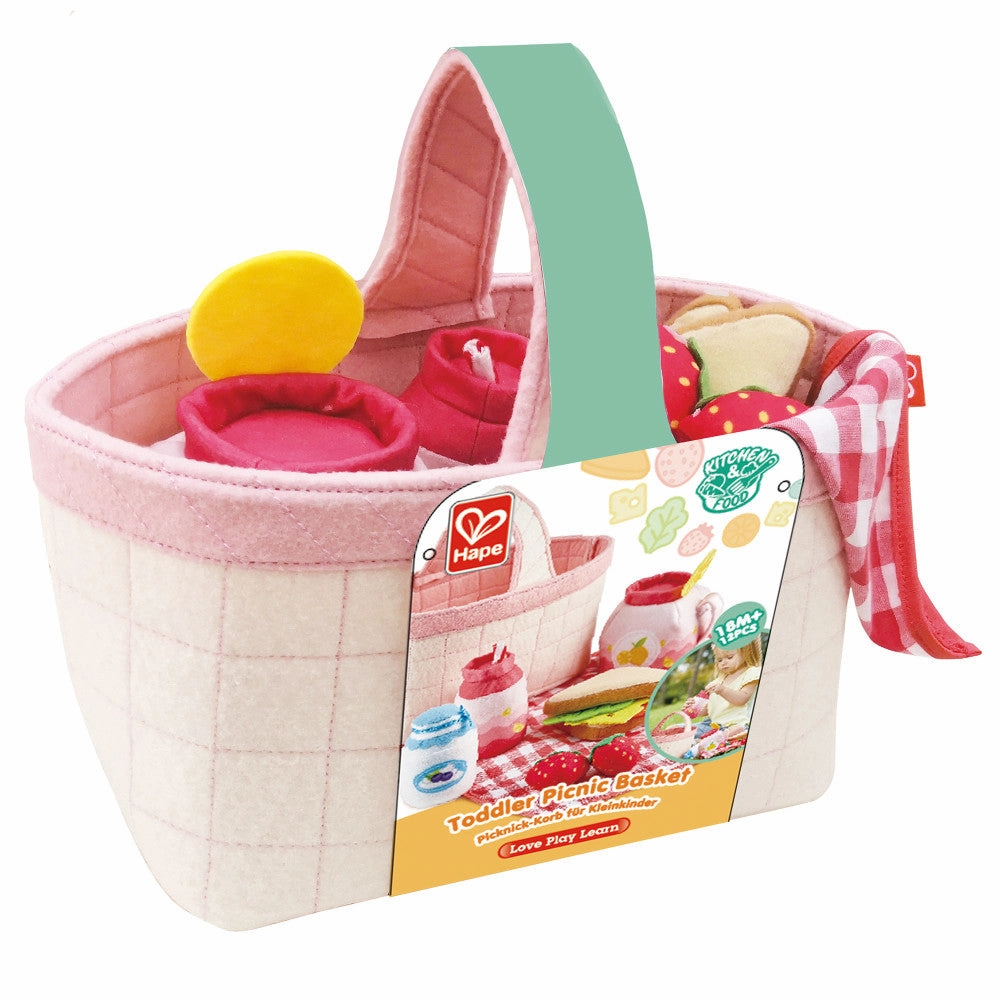 Hape 9-Piece Toddler Picnic Basket Set - Soft Toy Food & Blanket