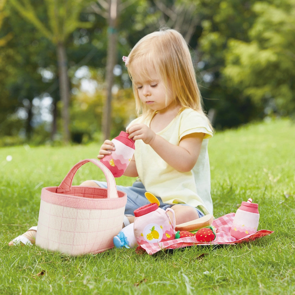 Hape 9-Piece Toddler Picnic Basket Set - Soft Toy Food & Blanket