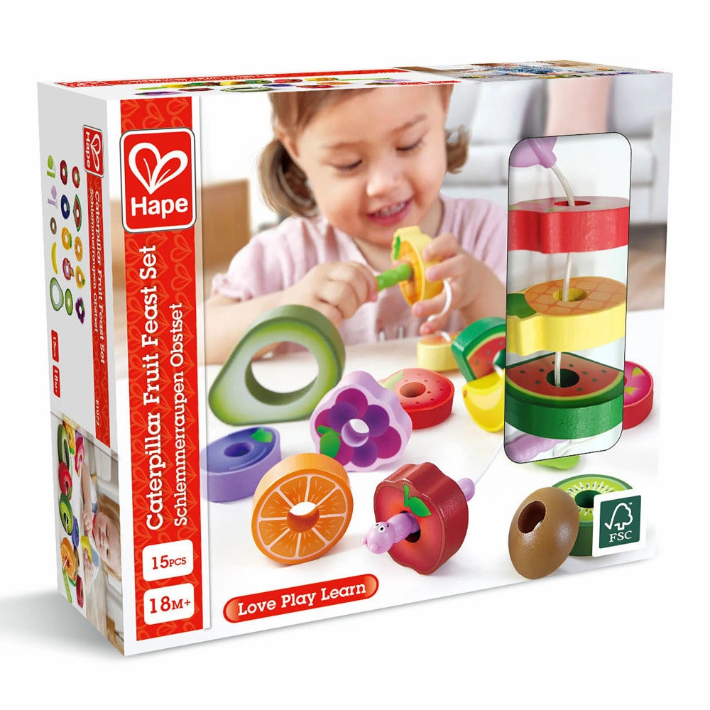 Hape Caterpillar Fruit Feast - 14pc Wooden Stringing Playset
