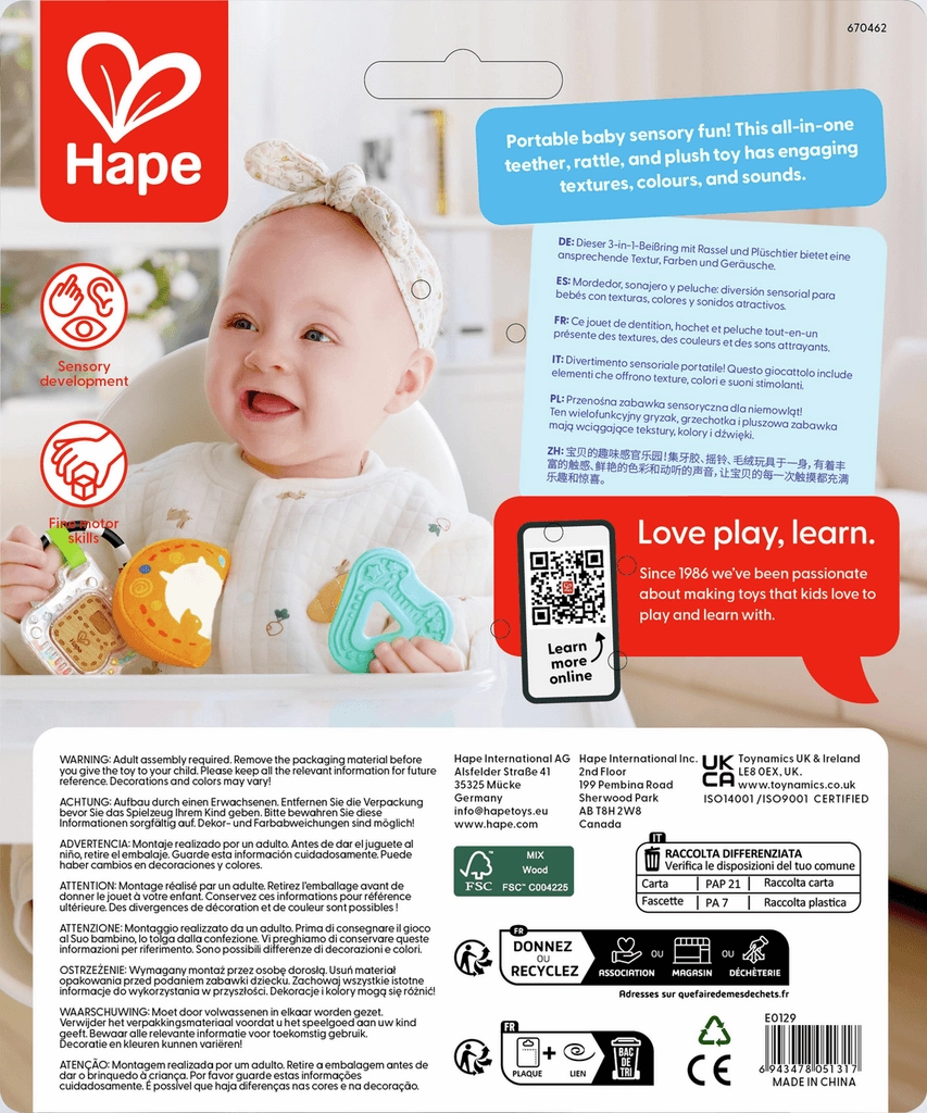 Hape Sensory ABC Playset with Rattle & Teether for Babies Ages 3M & Up