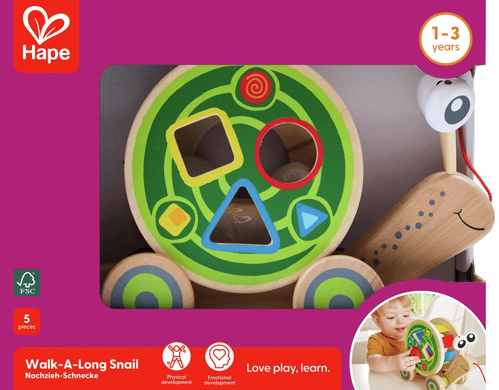 Hape Walk-A-Long Snail Pull Along and Shape Sorter Toy for Ages 1 & Up