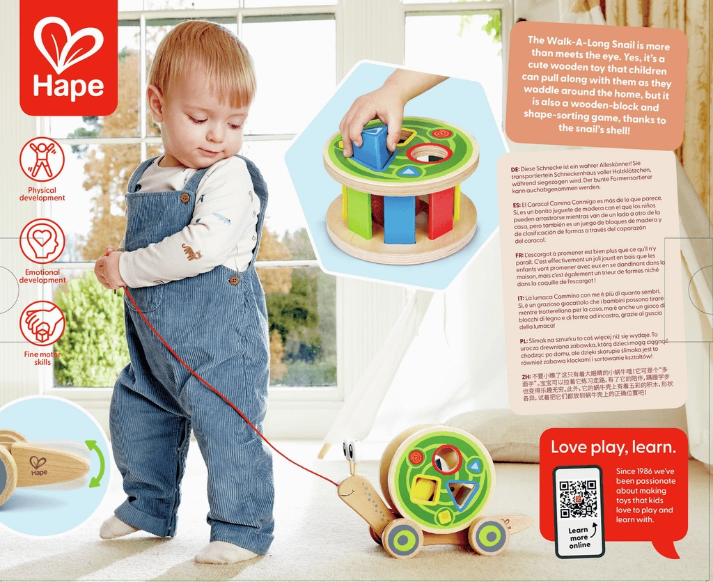 Hape Walk-A-Long Snail Pull Along and Shape Sorter Toy for Ages 1 & Up