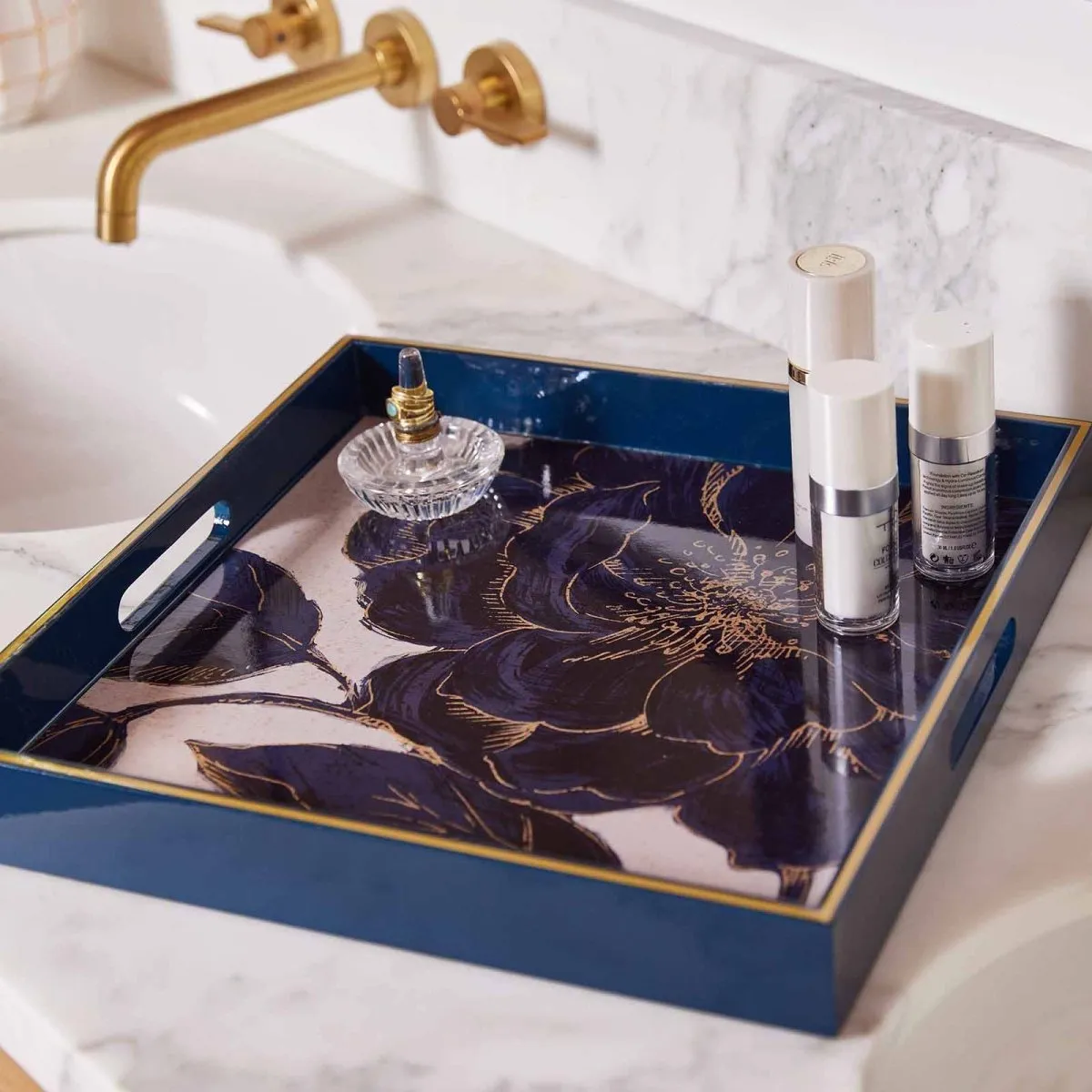 Indigo Garden 15" Square Lacquer Art Serving Tray