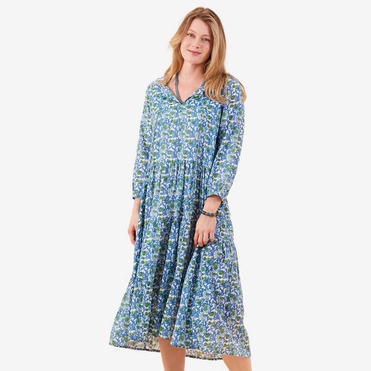 Isabella Blue Long Tiered Cotton Dress