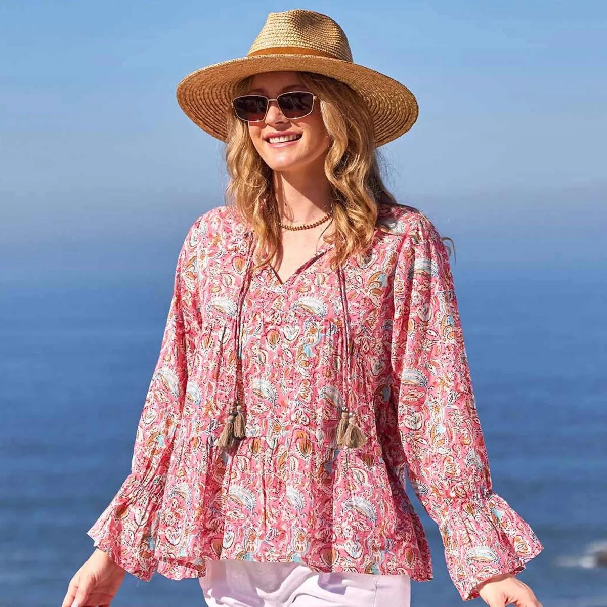 Kiara Pink Cotton Blouse with Ruffle Sleeves
