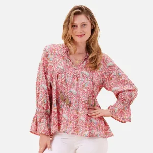 Kiara Pink Cotton Blouse with Ruffle Sleeves