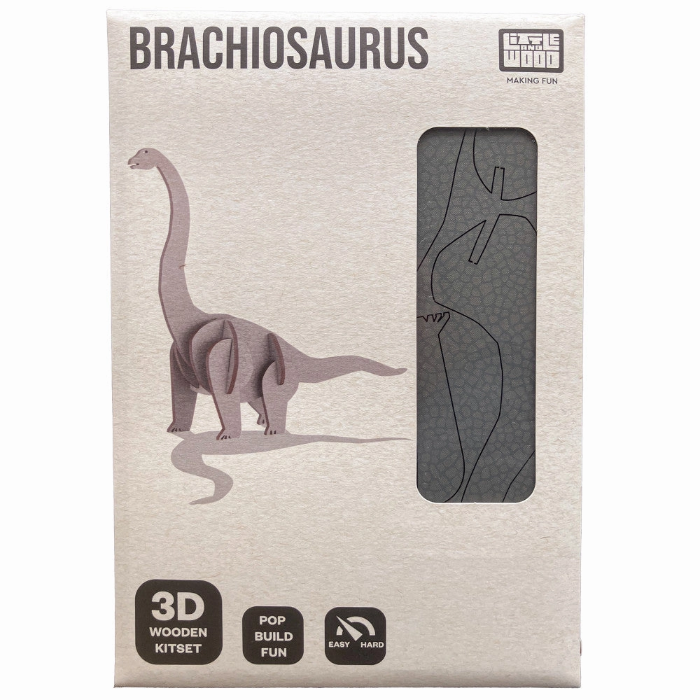 Little & Wood Brachiosaurus: Medium Grey 3D Wooden Dino Puzzle Kit