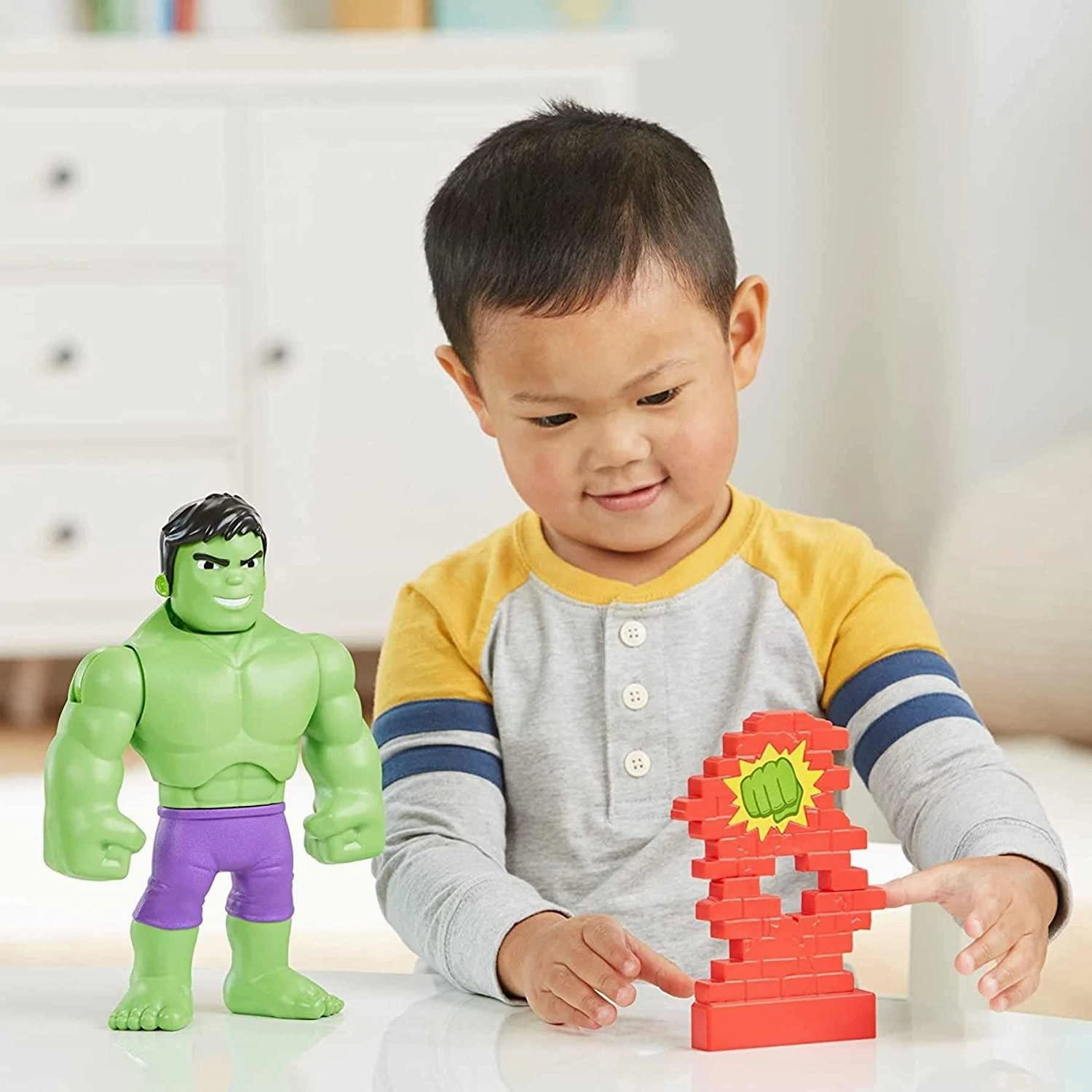 Marvel Spidey and His Amazing Friends Power Smash Hulk Face-Changing 10-inch Hulk Figure with Brick Wall Accessory Preschool Toy