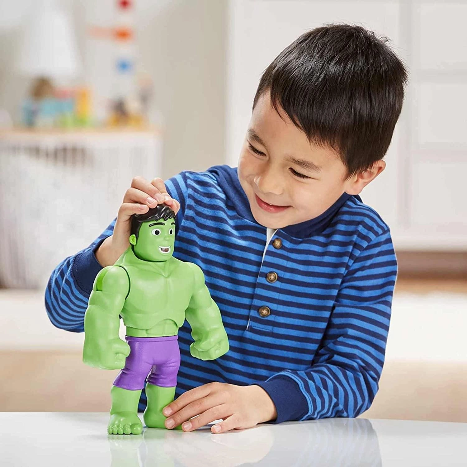 Marvel Spidey and His Amazing Friends Power Smash Hulk Face-Changing 10-inch Hulk Figure with Brick Wall Accessory Preschool Toy
