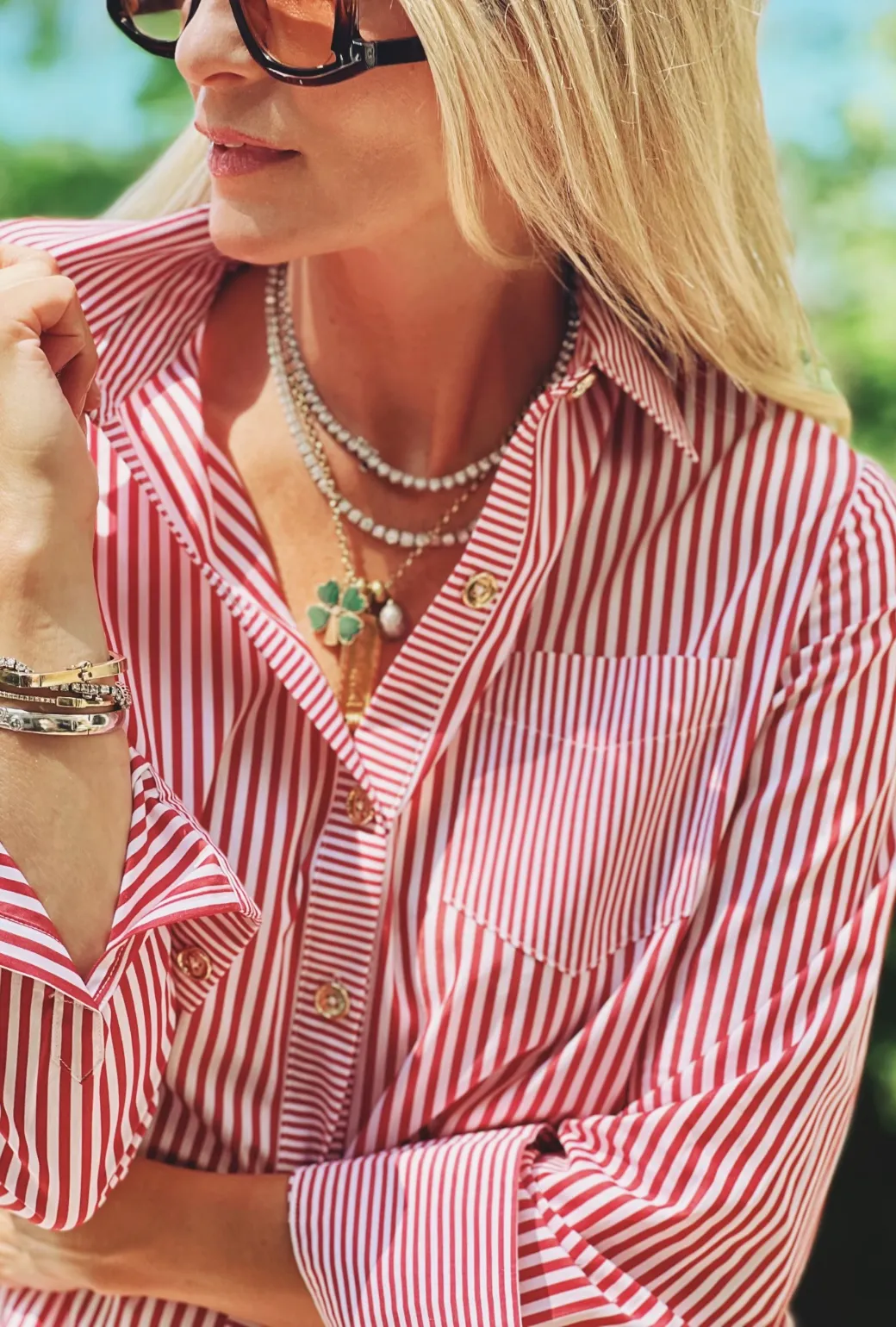 Mel Mixed Button Down Shirt - Red Stripe
