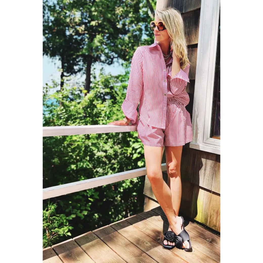 Mel Mixed Button Down Shirt - Red Stripe