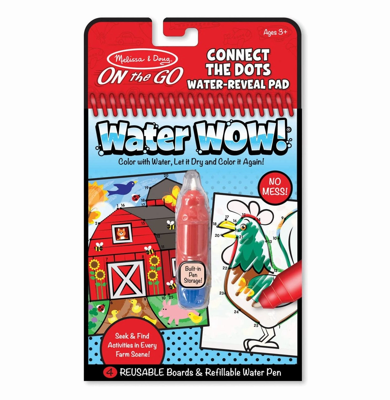 Melissa & Doug On the Go Water Wow! Connect the Dots Farm Activity Pad (Reusable Water-Reveal Coloring Book, Refillable Water Pen), Multi color