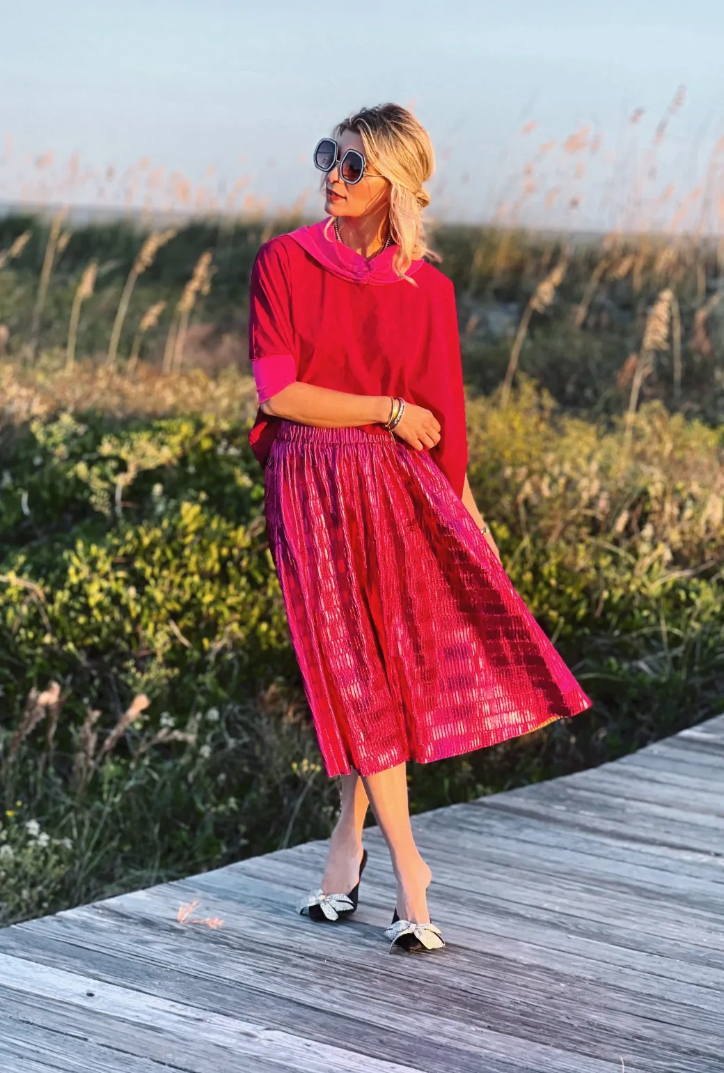 Metallic Pleated Skirt - Hot Pink