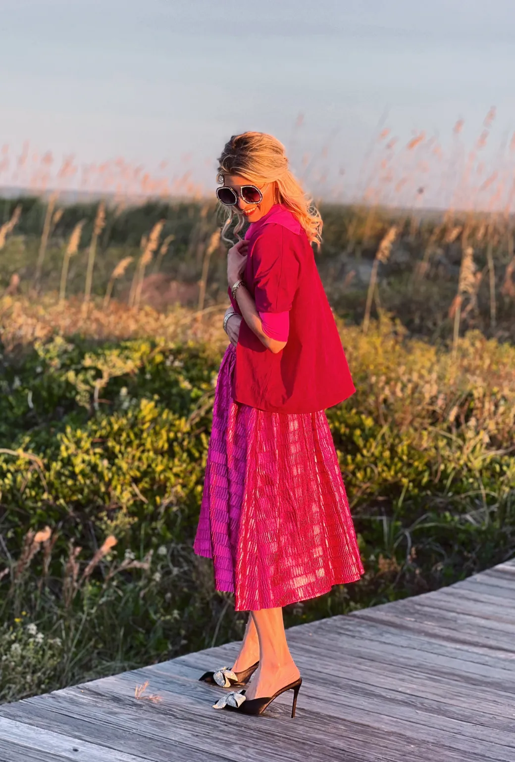 Metallic Pleated Skirt - Hot Pink