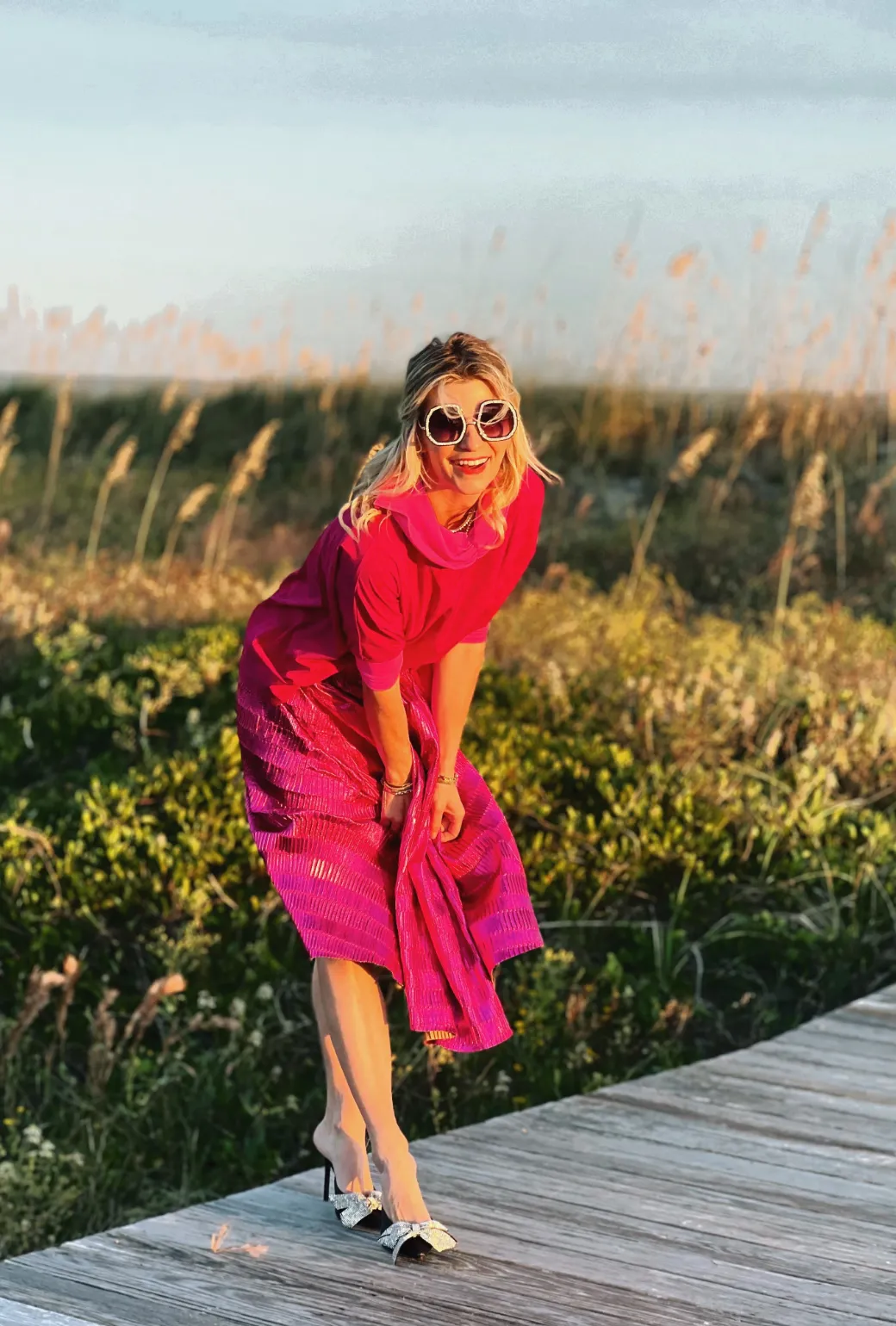 Metallic Pleated Skirt - Hot Pink