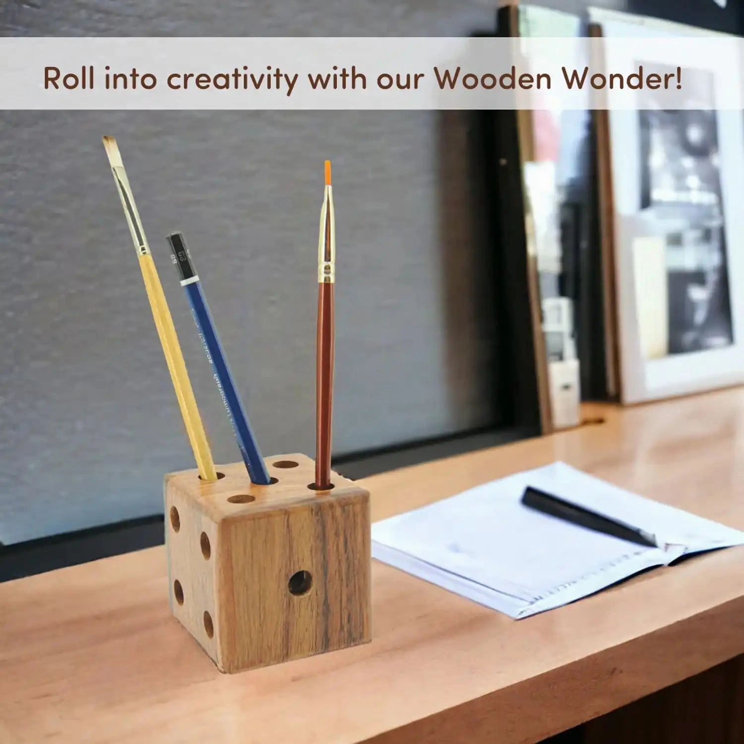 Mittimate Wooden Pen, Pencil Holder for Kids I Dice Shaped I Decorative Pen Stand for Home and Office Table
