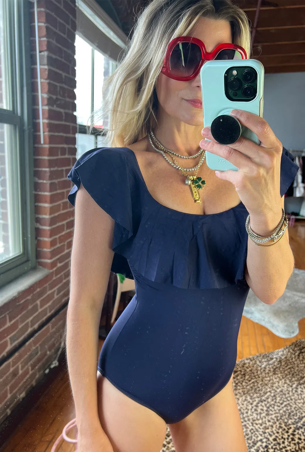 Off the Shoulder One Piece Suit - Navy