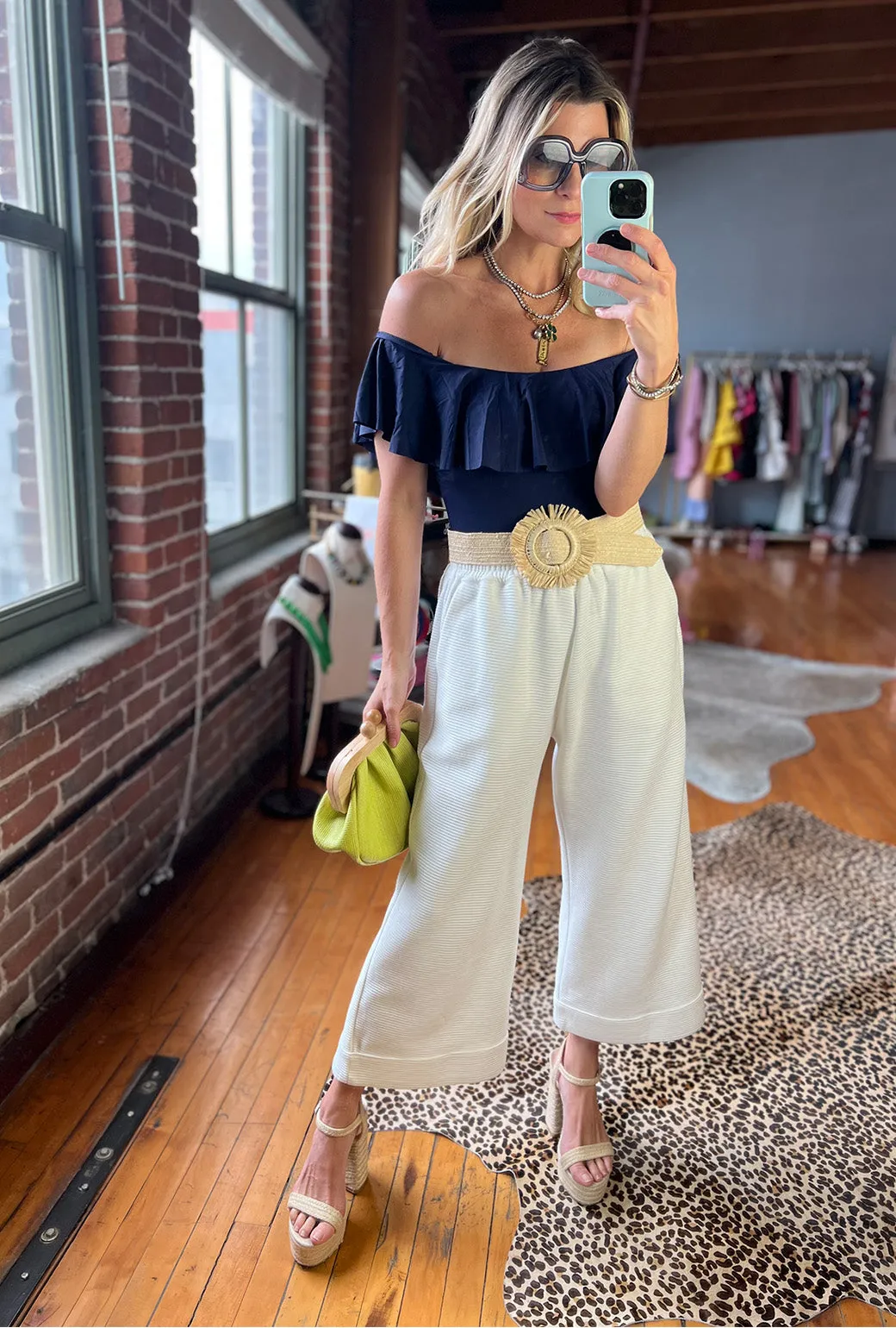 Off the Shoulder One Piece Suit - Navy