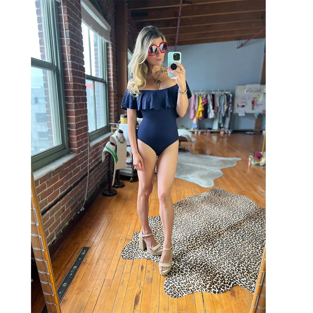 Off the Shoulder One Piece Suit - Navy
