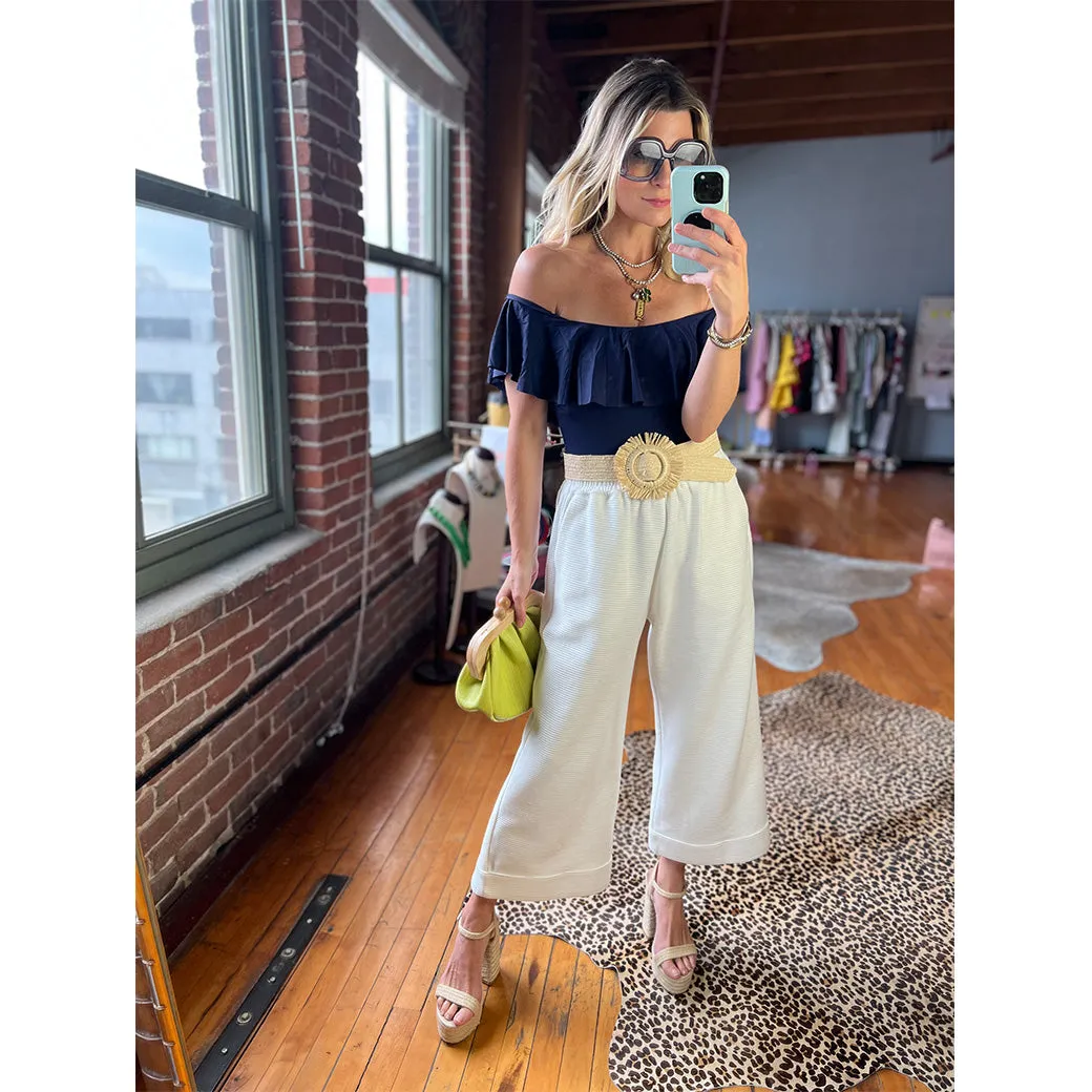 Off the Shoulder One Piece Suit - Navy