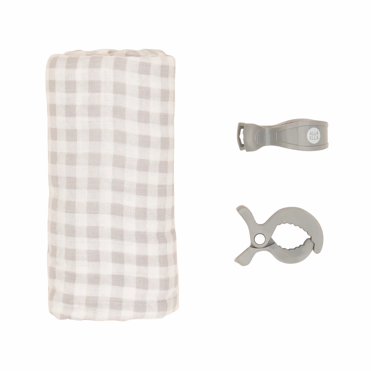 Organic Cotton Muslin Swaddle and Pram Pegs Set - Gingham Grey