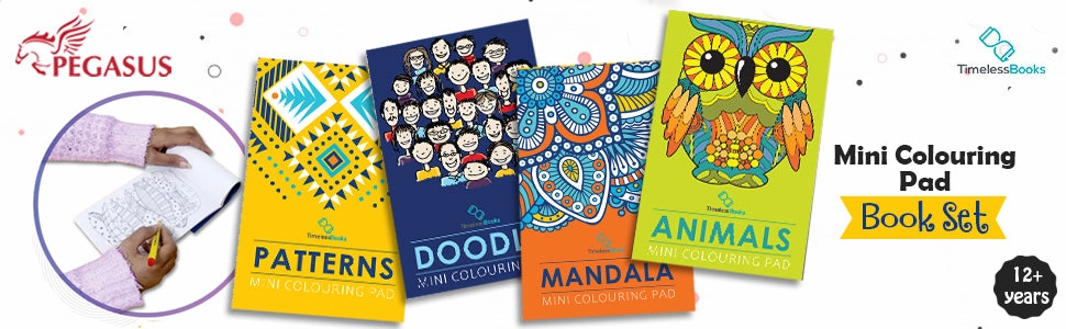 Pegasus Set of 4 Mini Adult Colouring Pads including Patterns, Mandala, Doodles & Animals