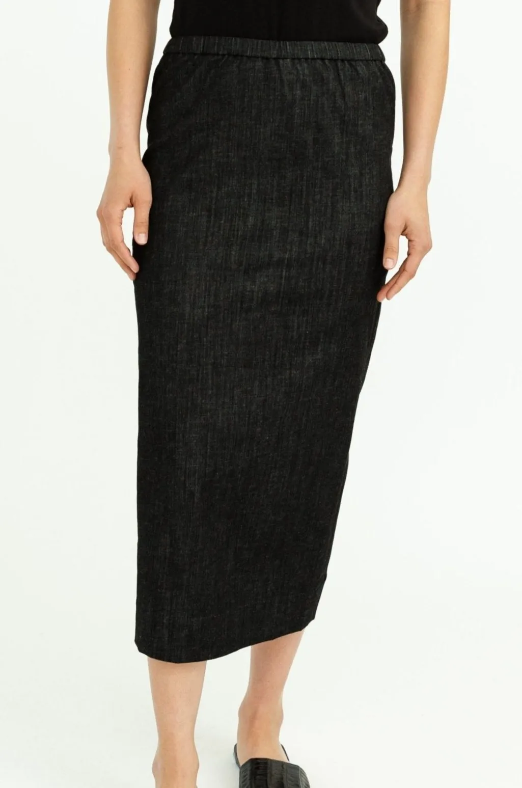 PISA LONG KICK PLEAT SKIRT IN STRETCH DENIM