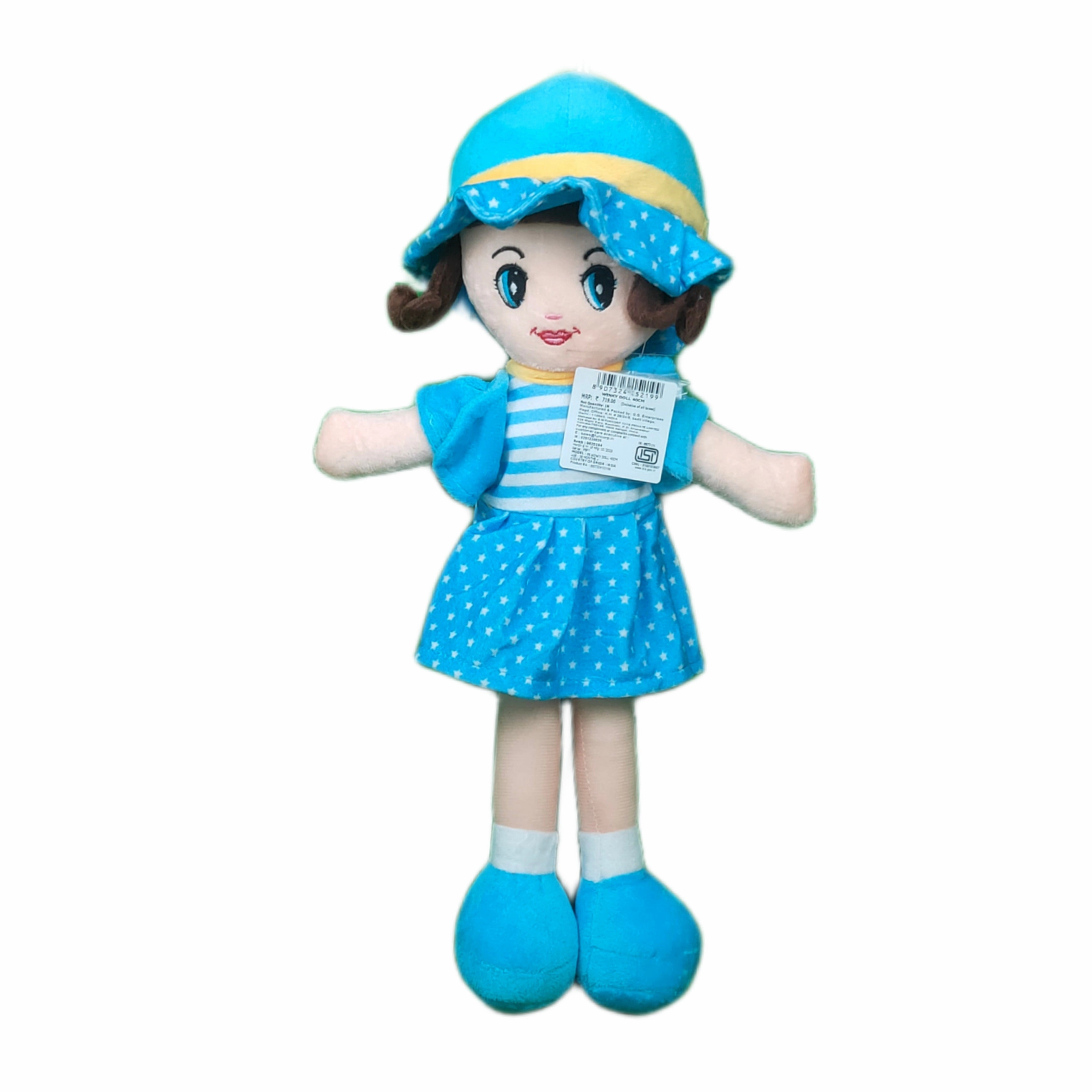 Play Hour Winky Rag Doll Plush Soft Toy Wearing Sky Dress for Ages 3 Years and Up, 40cm