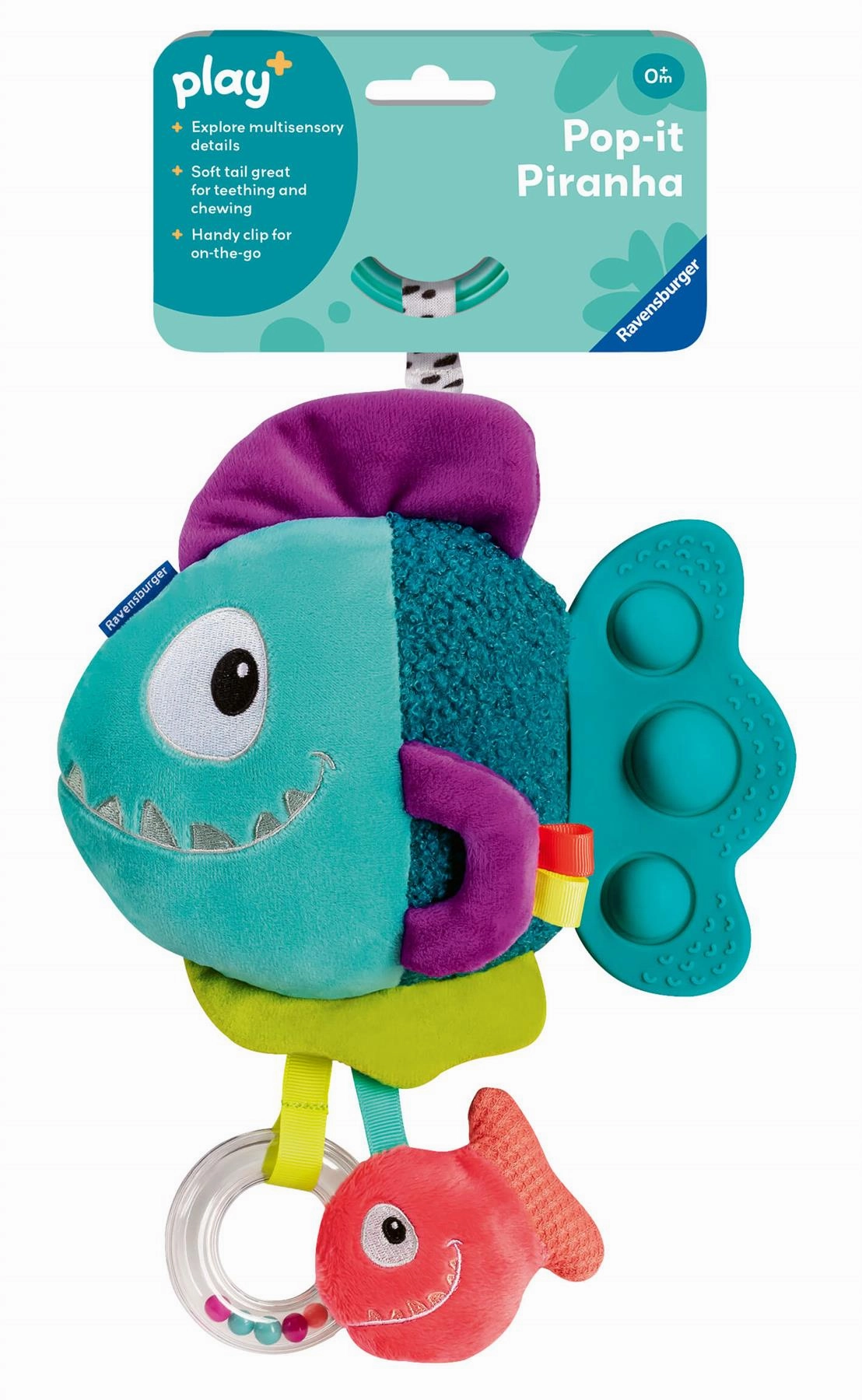 Play  Pop-it Piranha (Blue) Plush Toy with Rattle & Teether for Babies