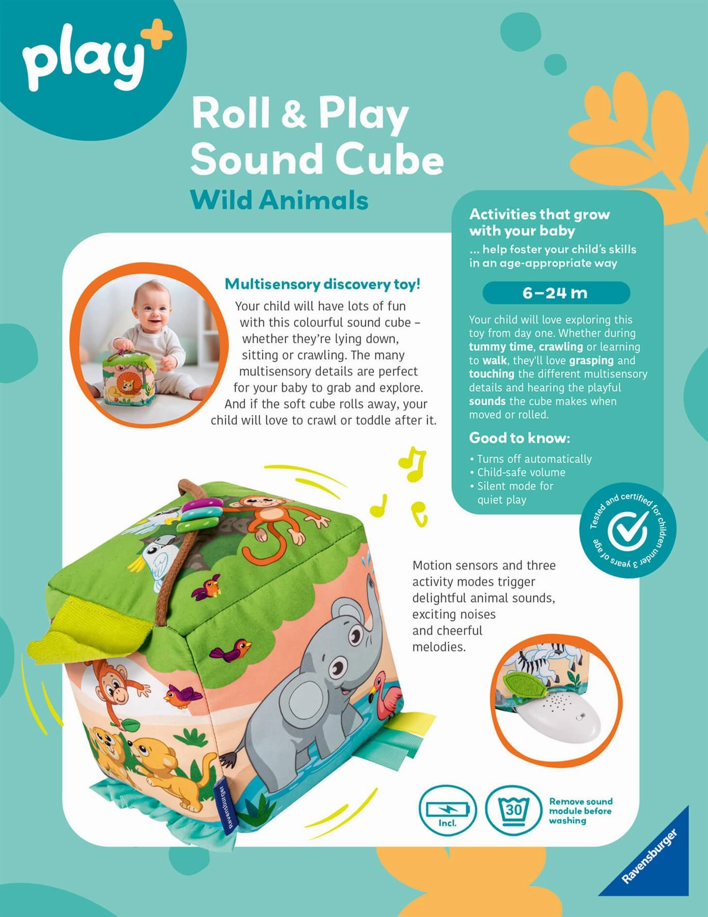 Play  Roll and Play Sound Cube: Wild Animals Sensory Toy for Babies