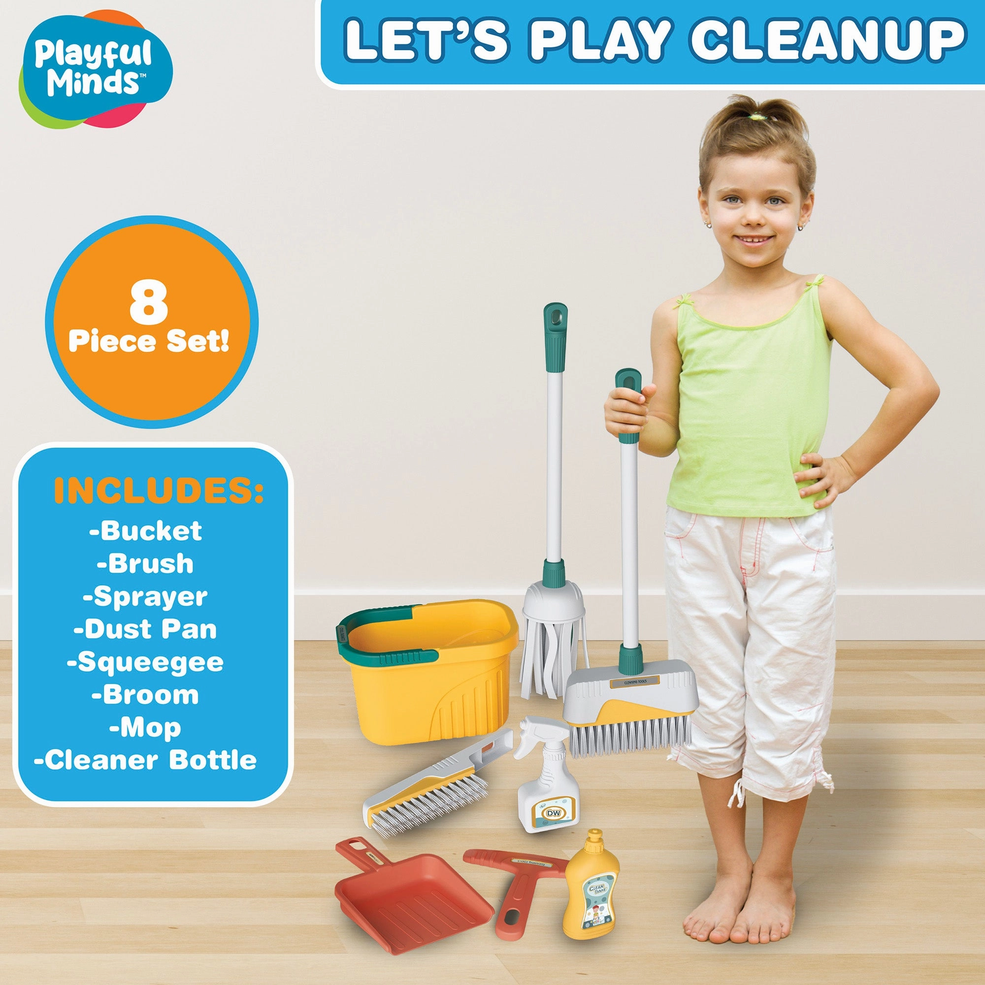 Playful Minds 8pc Household Cleaning Set - Pretend Play Kit for Ages 3 