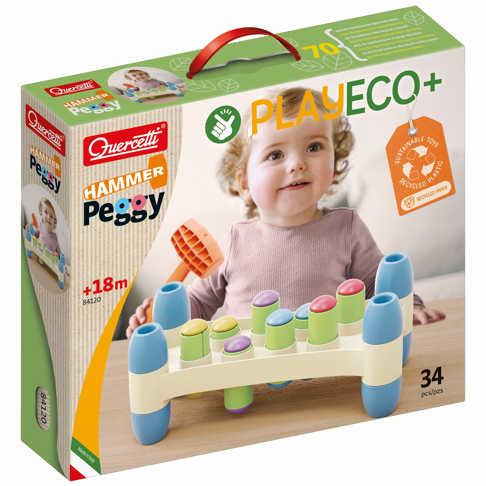 Quercetti PlayEco  Hammer Peggy - Colorful Peg Pounding Toy
