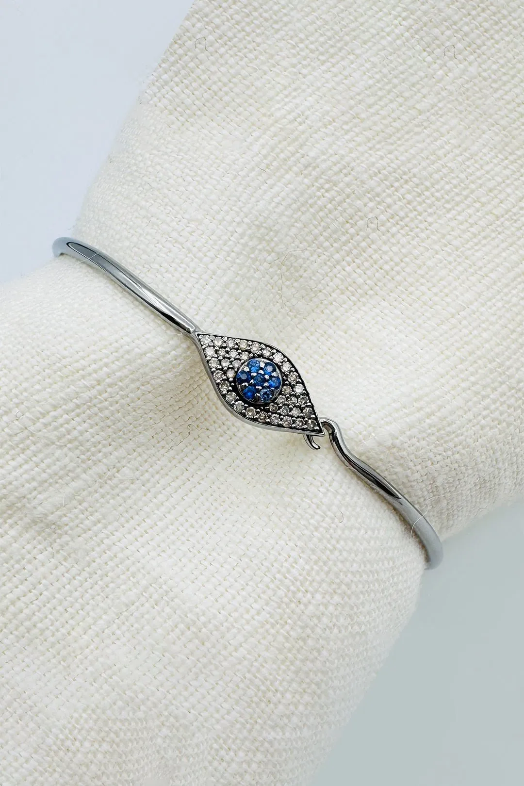 RHODIUM SILVER DIAMOND & SAPPHIRE EVIL EYE BANGLE